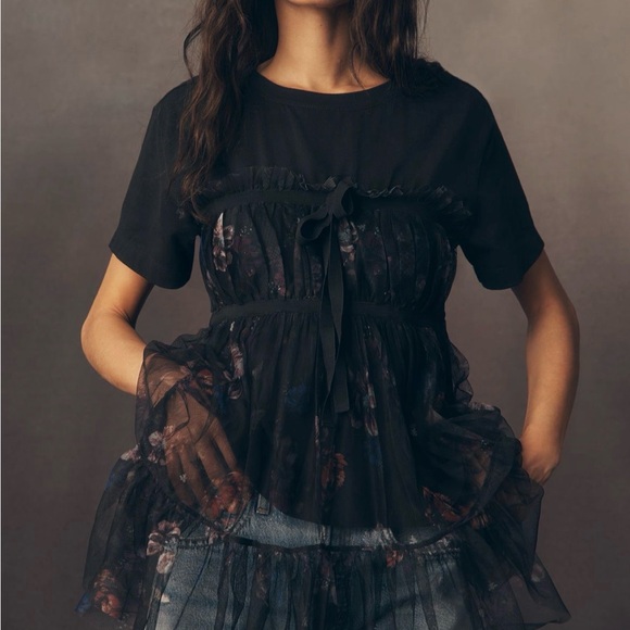 Anthropologie Tops - By Anthropologie tiered bow tulle tshirt black floral small